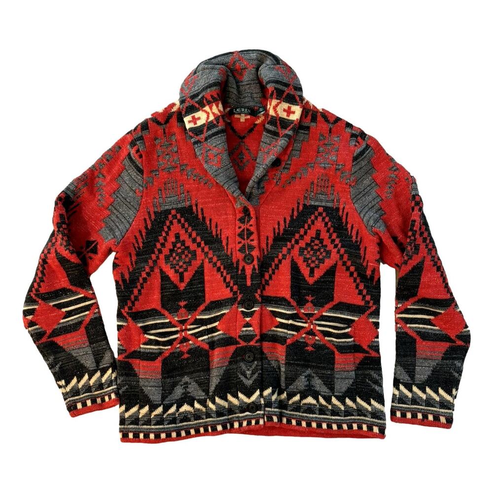 Lauren Ralph Lauren Red Black Gray Southwestern Shawl Collar Cardigan